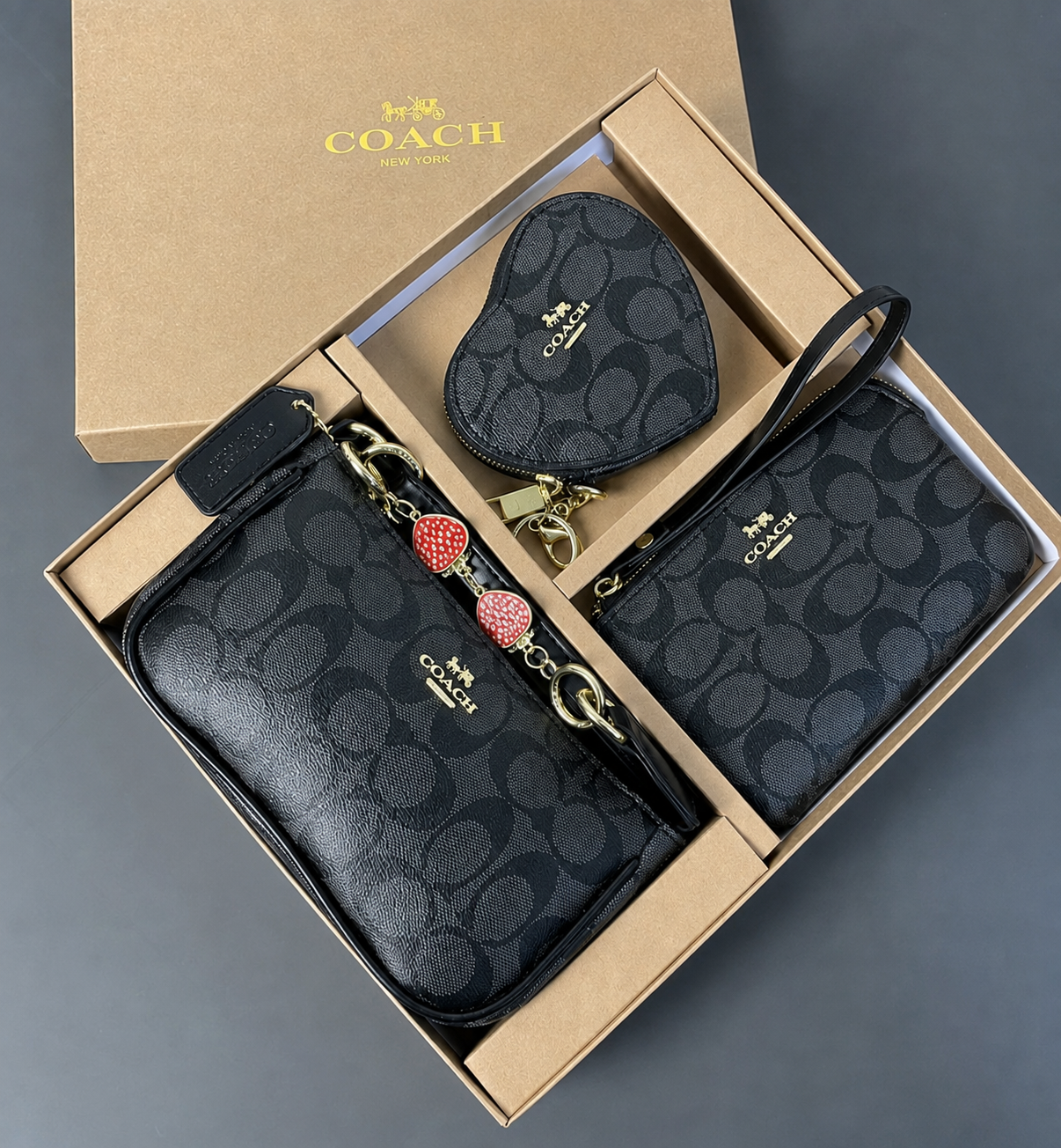 Coach Teri Shoulder Bag, Heart Pouch & Wristlet Bundle Of 3